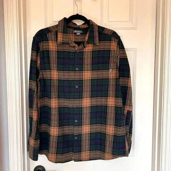 𝅺vintage Eddie Bauer brown long sleeve plaid button down shirt size large - Picture 1 of 9